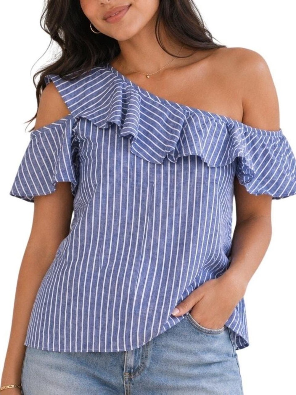 Madewell Blue and White One-Shoulder Ruffle Stripe Top